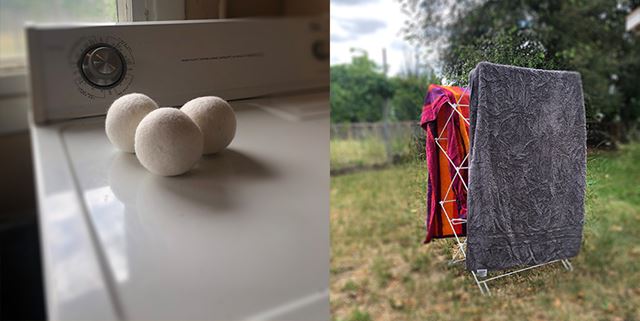 A different image on each side of the photo - on the left side, dryer balls sit on a dryer and on the right side, clothes are hanging on a dryer line outside