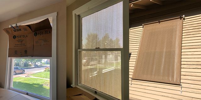 Three photos in a row - far left photo showing cardboard covering the top of a window, middle photo showing a new sun shade, far right photo showing a new sun shade from the outside