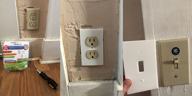 Tools sitting on the floor in front of an outlet, foam insulator on an outlet, and foam insulator next to a light switch