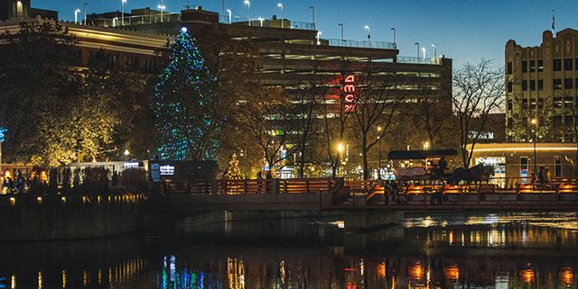 Holiday lights at night in downtown Spokane