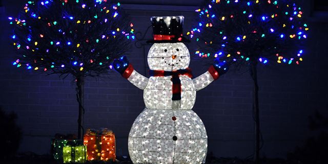 A holiday lit-up snowman in front of trees wrapped with holiday lights