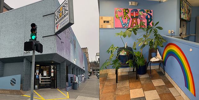 A collage of two photos - The left photo is the Crosswalk Youth Shelter building from outside, the right photo is showing the inside of the building