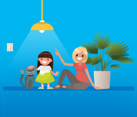 Illustration of a little girl petting a cat next to a woman sitting on the ground next to a plant. A light shines overhead them