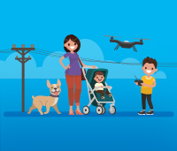 Illustration of a family taking a walk outside - the little boy is flying a drone away from power lines