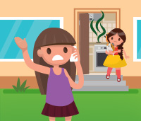 Illustration of two little girls leaving their house - a stinky smell is coming from their oven and one of the girls is looking distressed while making a phone call