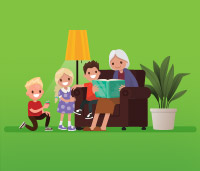 Illustration of a grandma sitting on a chair reading to three children. A lamp is on next to them