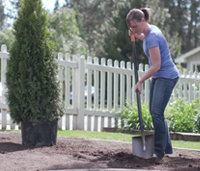 Woman digging in garden with shovel